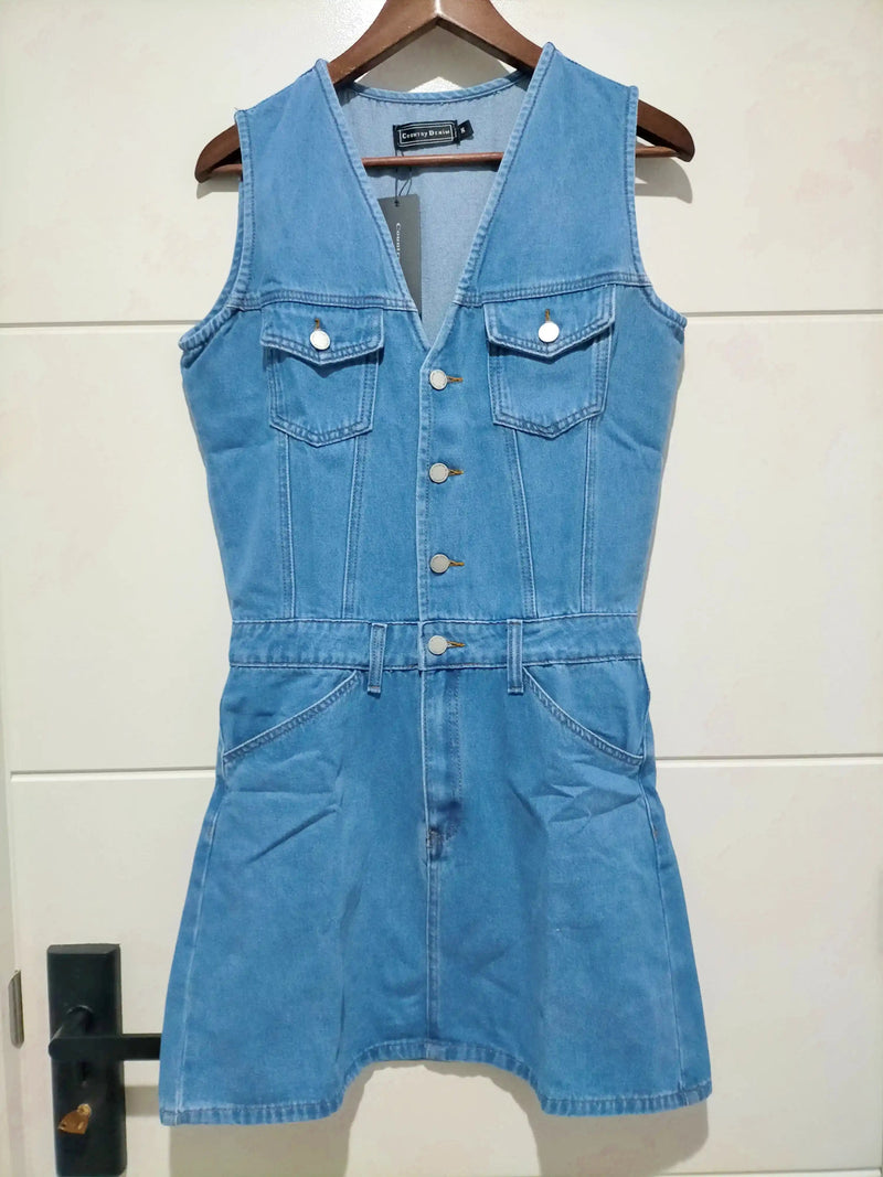 Bayside Denim Button Front Mini Dress Mid Blue Kenzie Tenzie