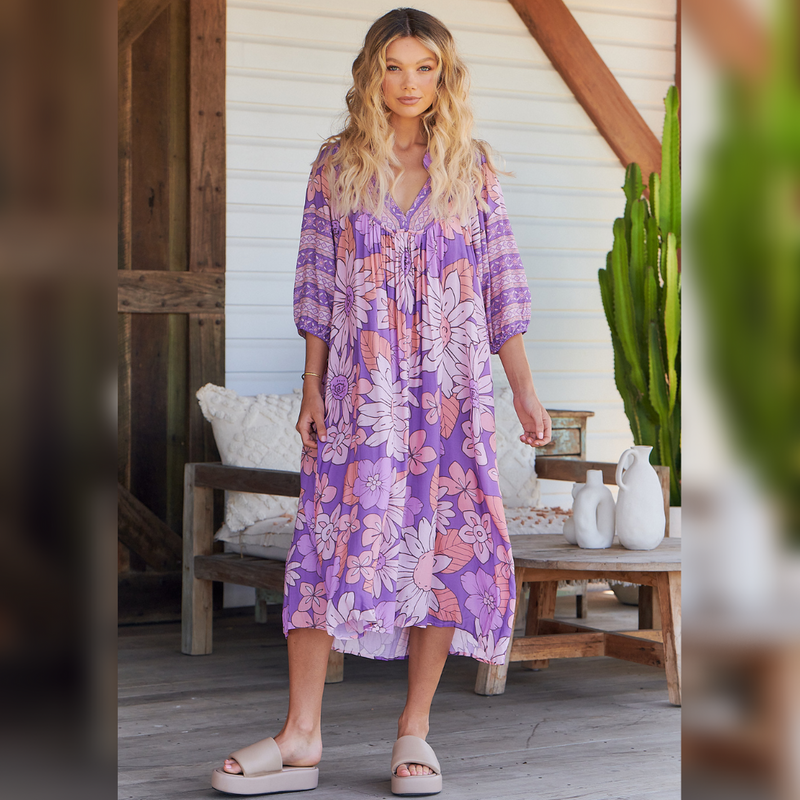 Boheme Midi Dress Purple Rain Print Kenzie Tenzie