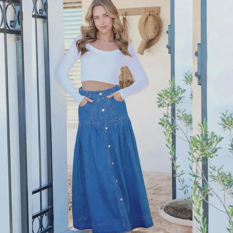 Kentucky Denim Button Front Maxi Skirt Mid Blue Kenzie Tenzie