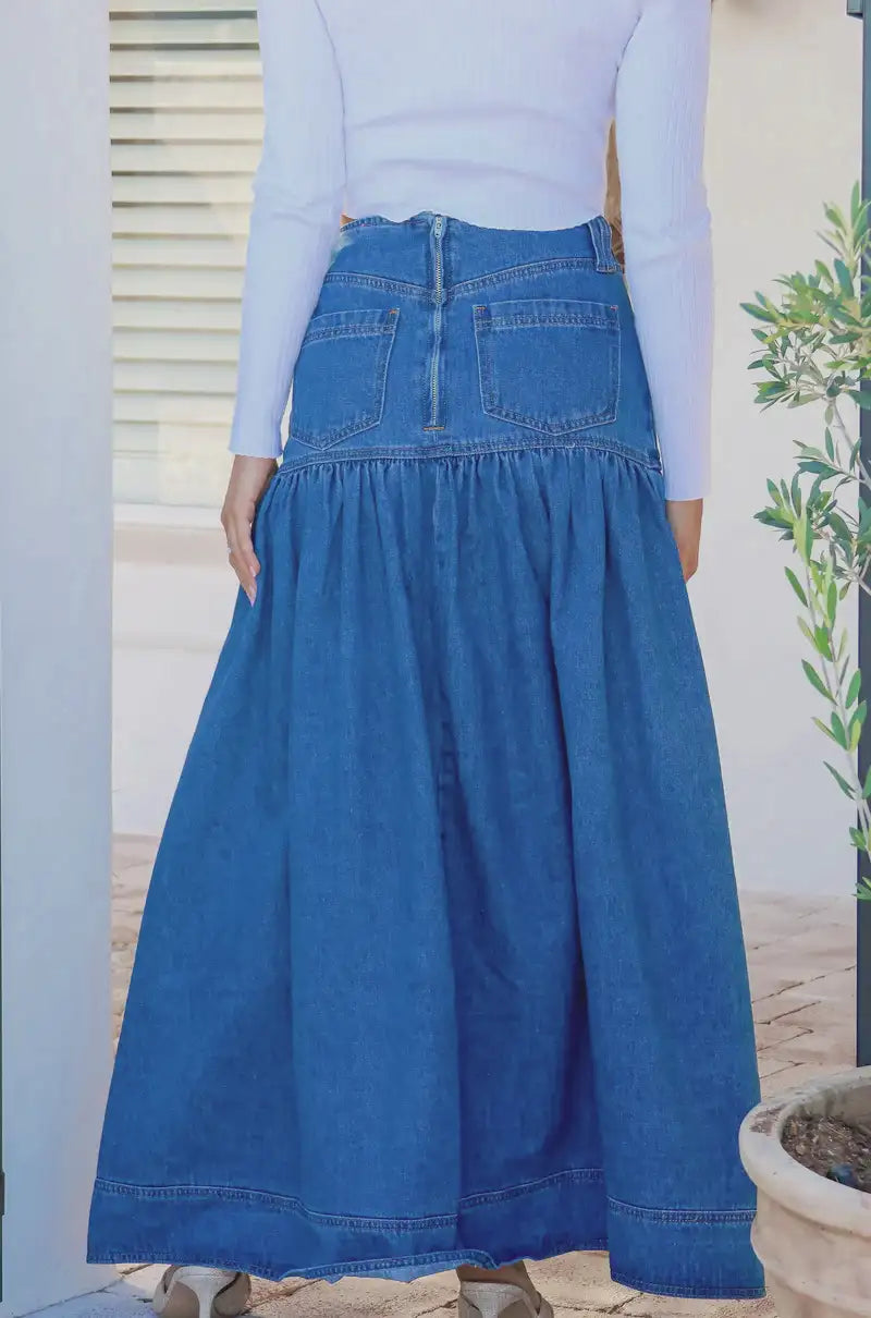 Kentucky Denim Button Front Maxi Skirt Mid Blue Kenzie Tenzie