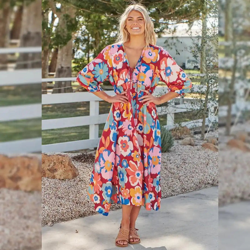 Plunging kimono sleeve 2025 tassel tie dress