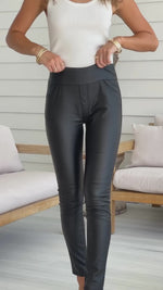 Zoe Pull on Wet Look Wax Denim Jeans - Black