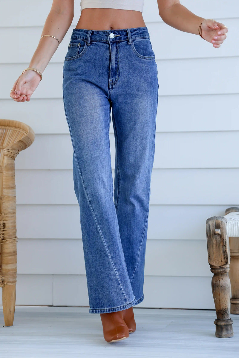 Woodstock Seam Flare Wide Jeans - Mid Blue