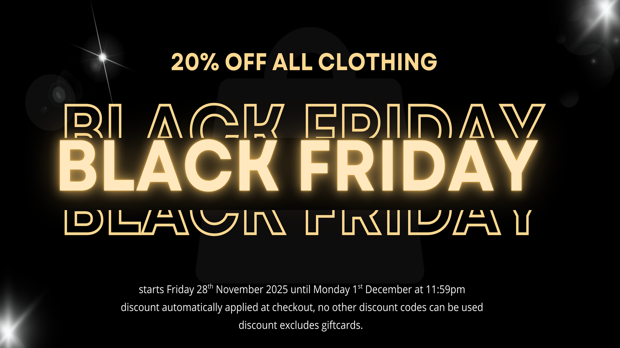 Black Friday sale advertisement with gold text on a black background