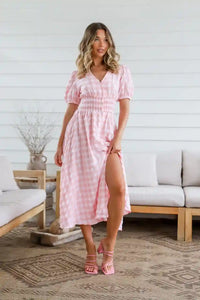Spring Check Midi Dress Blush Print