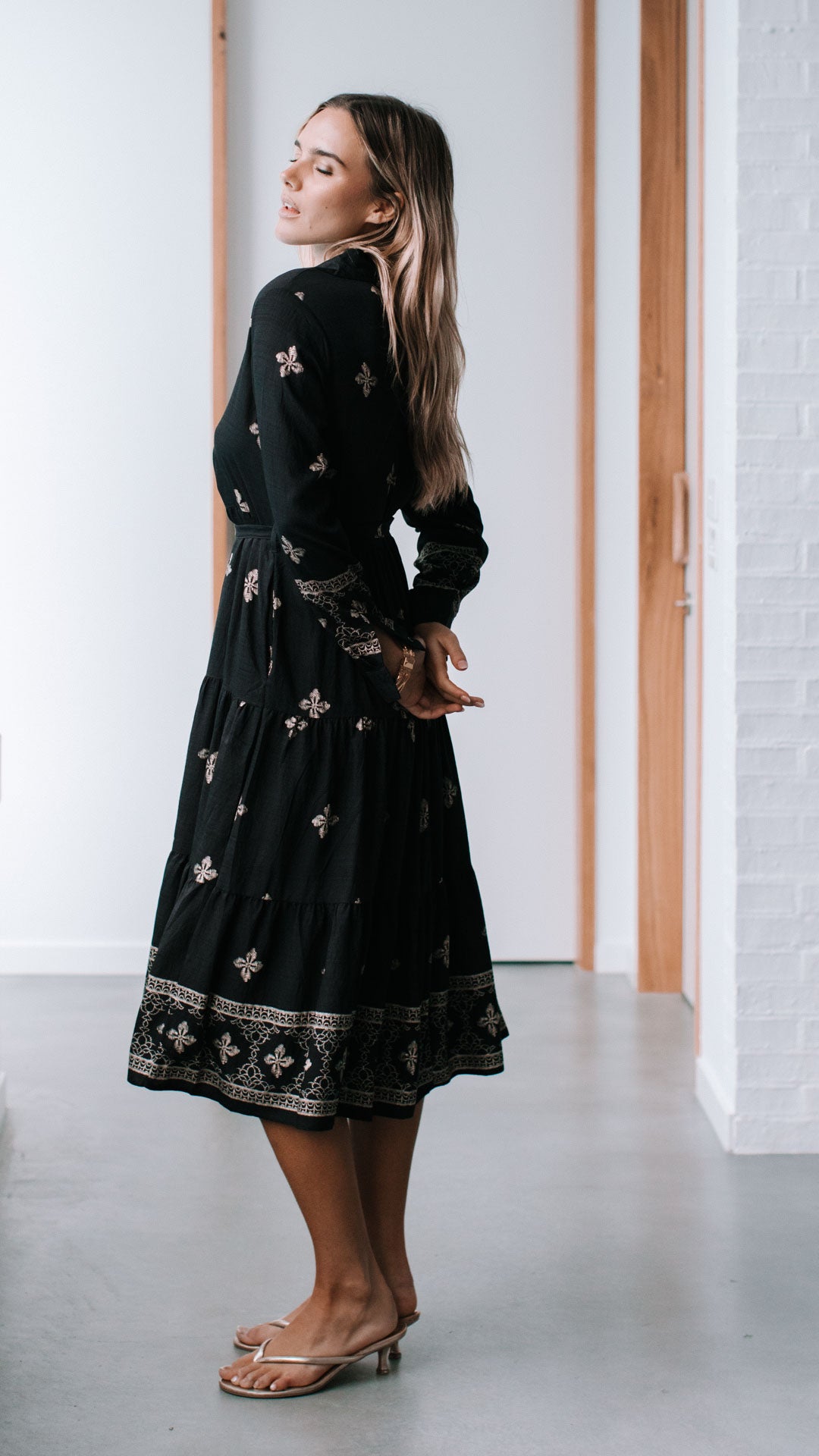 Cairo Midi Dress ~ Black and Beige Print