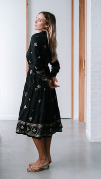 Cairo Midi Dress ~ Black and Beige Print