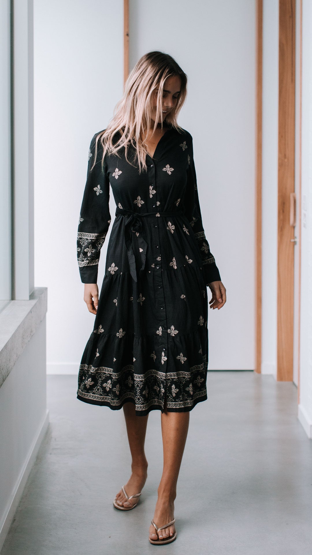 Cairo Midi Dress ~ Black and Beige Print