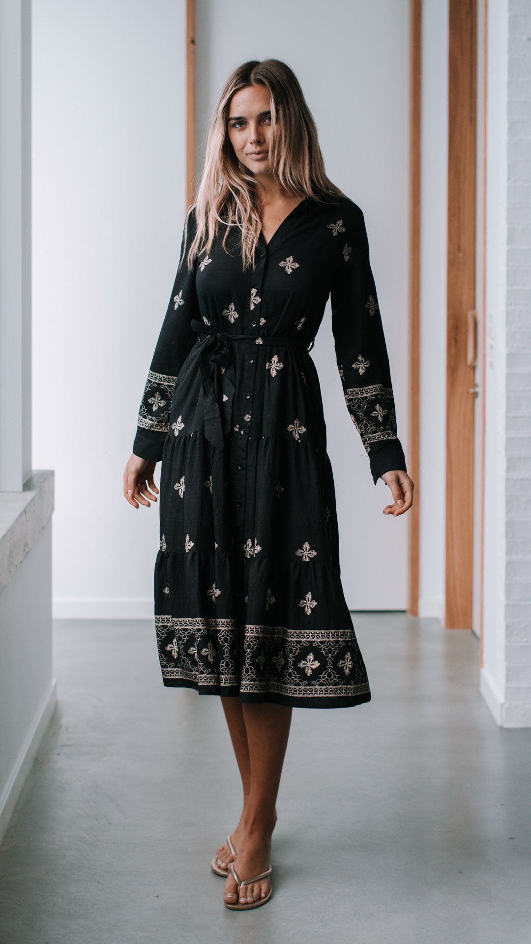 Cairo Midi Dress ~ Black and Beige Print