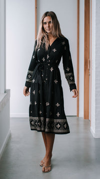 Cairo Midi Dress ~ Black and Beige Print