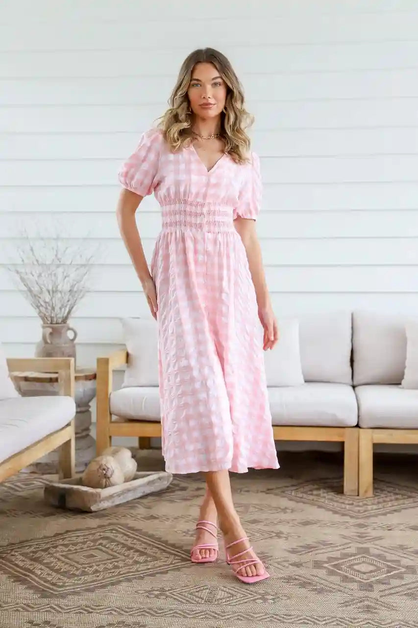 Spring Check Midi Dress Blush Print
