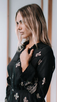 Cairo Midi Dress ~ Black and Beige Print