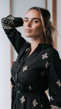 Cairo Midi Dress ~ Black and Beige Print