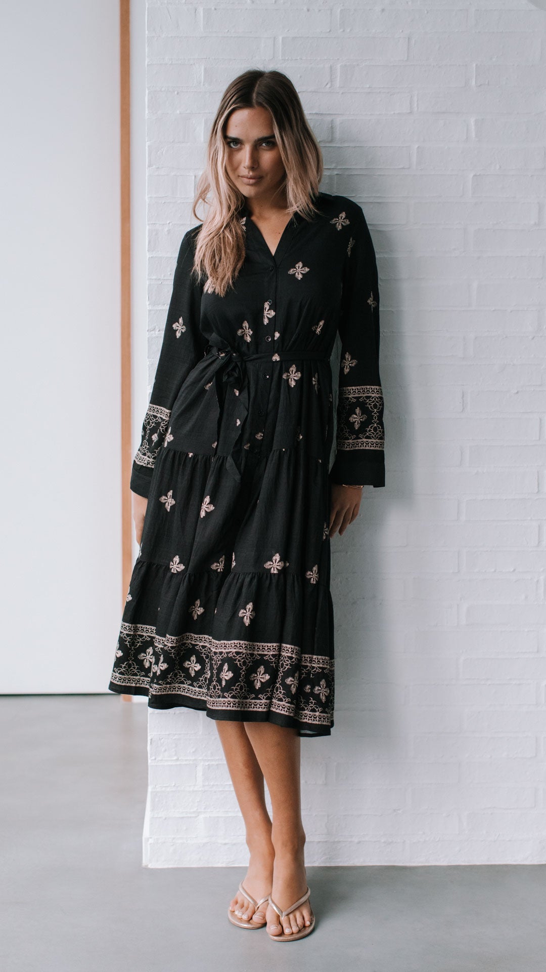 Cairo Midi Dress ~ Black and Beige Print