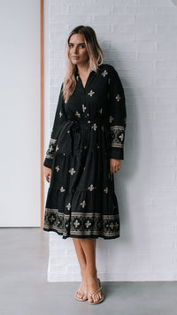 Cairo Midi Dress ~ Black and Beige Print