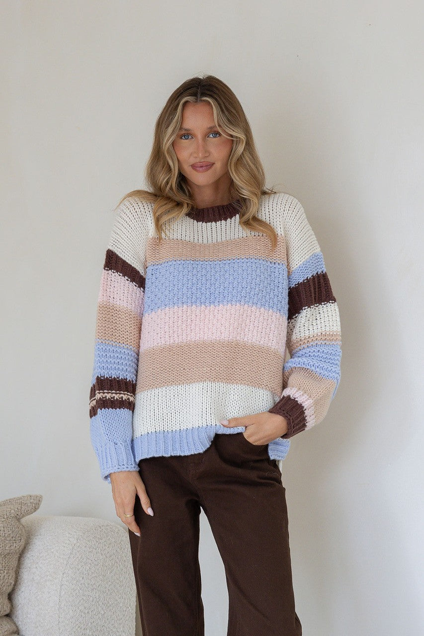 Bastille Chunky Knit Jumper blue stripe by Miss Marlow – model front view