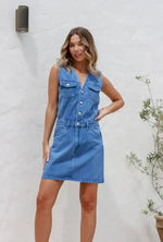 Bayside Denim Button Front Mini Dress Mid Blue Kenzie Tenzie