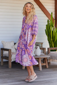 Boheme Midi Dress Purple Rain Print Kenzie Tenzie