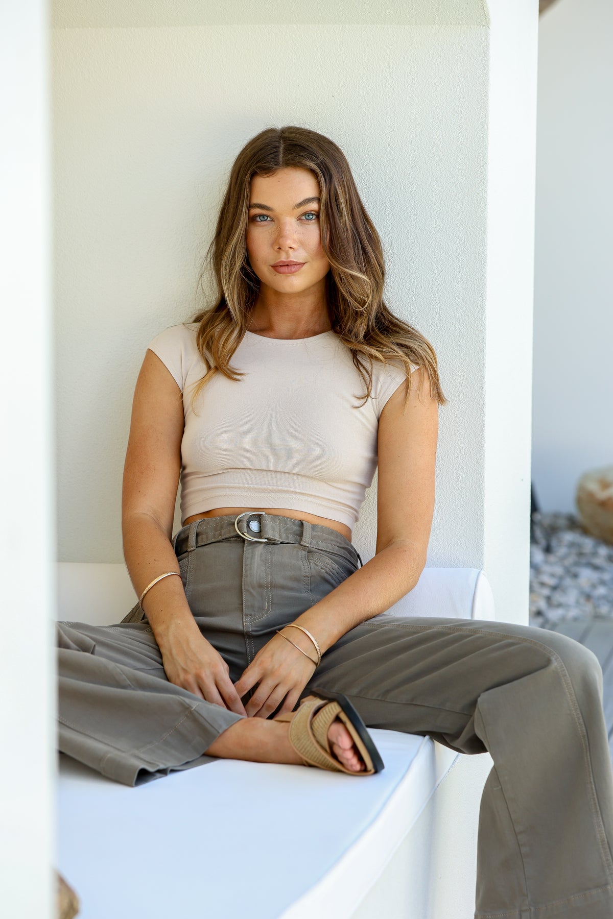 Indiana Stretch Wide Leg Belted Jean ~ Khaki