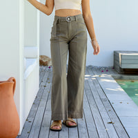 Indiana Stretch Wide Leg Belted Jean ~ Khaki