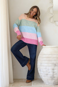 Cali Stripe Knit – model full length shot with dark blue jeans and brown boots