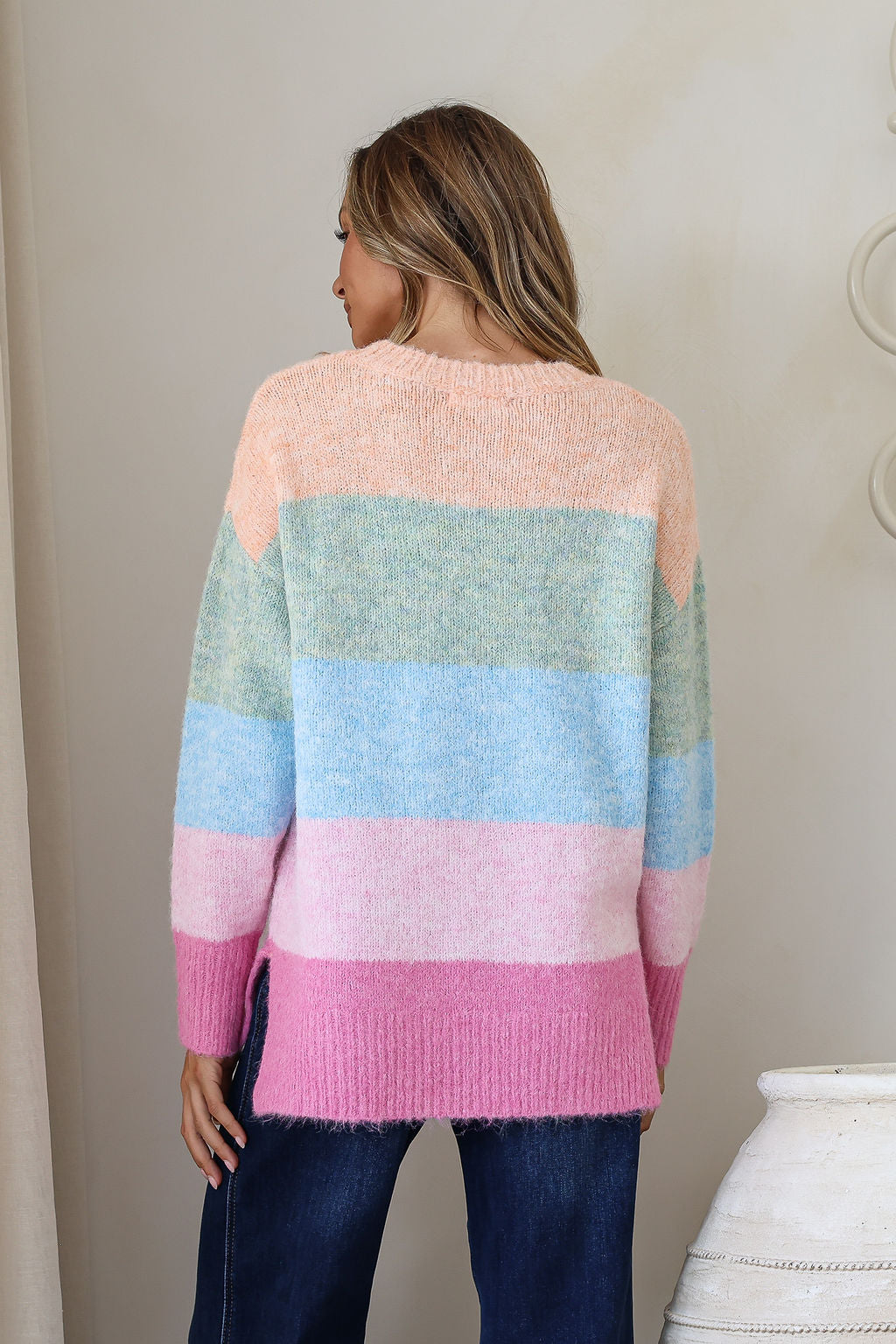 Cali Stripe Knit – model back view of knit jumper