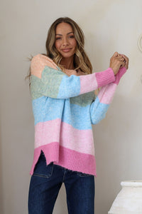 Cali Stripe Knit – model shot showing sleeves and side split hem detail