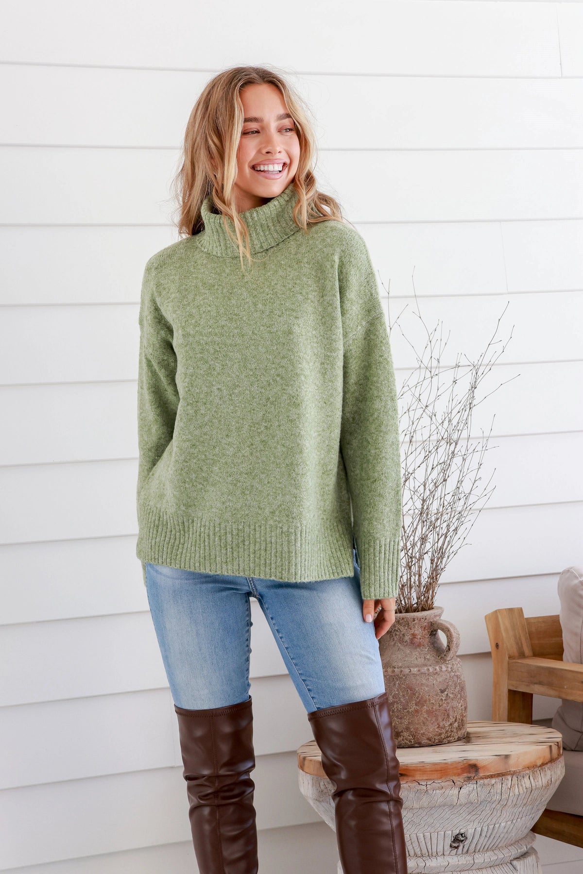 Canyon Roll Neck Knit Jumper Marled Avocado Kenzie Tenzie