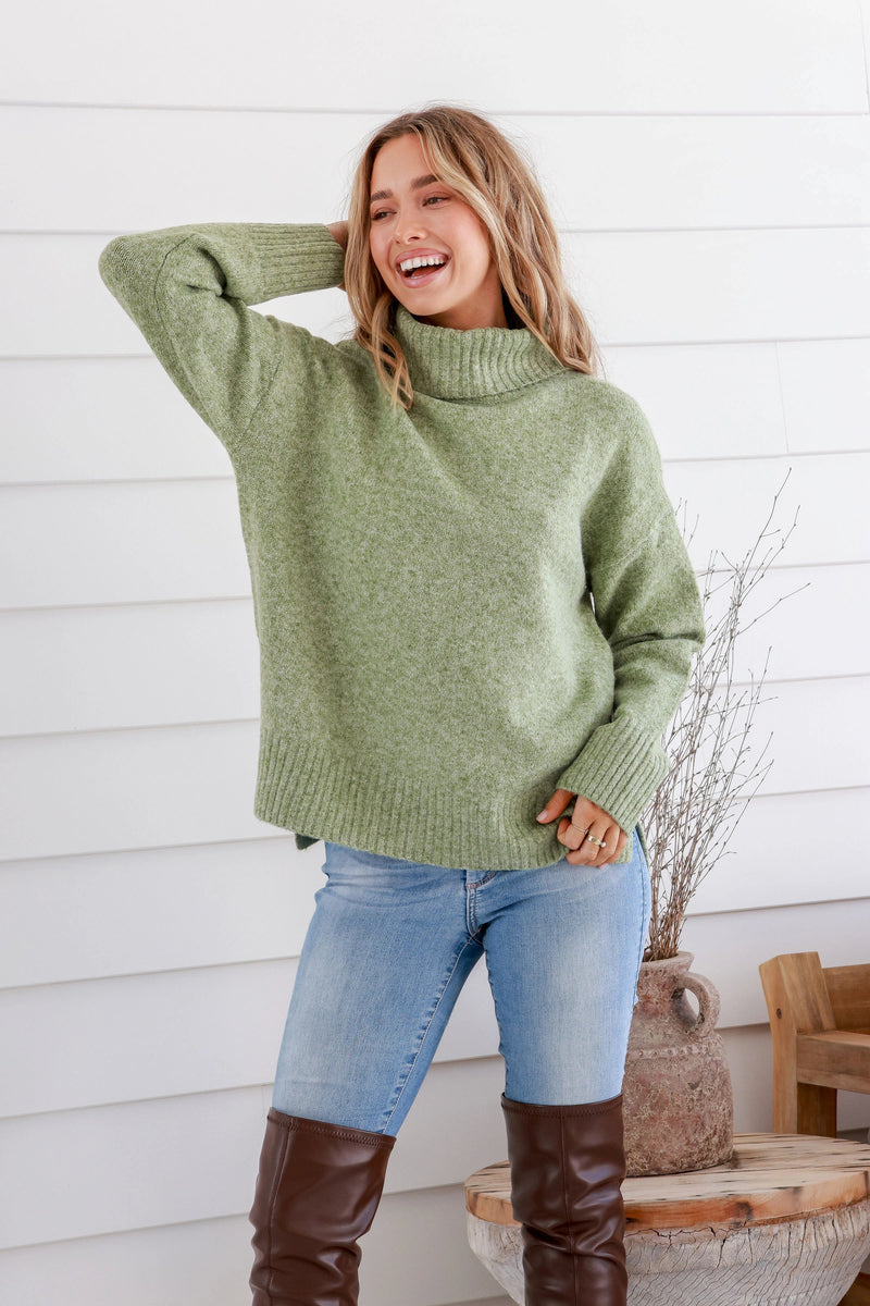 Canyon Roll Neck Knit Jumper Marled Avocado Kenzie Tenzie