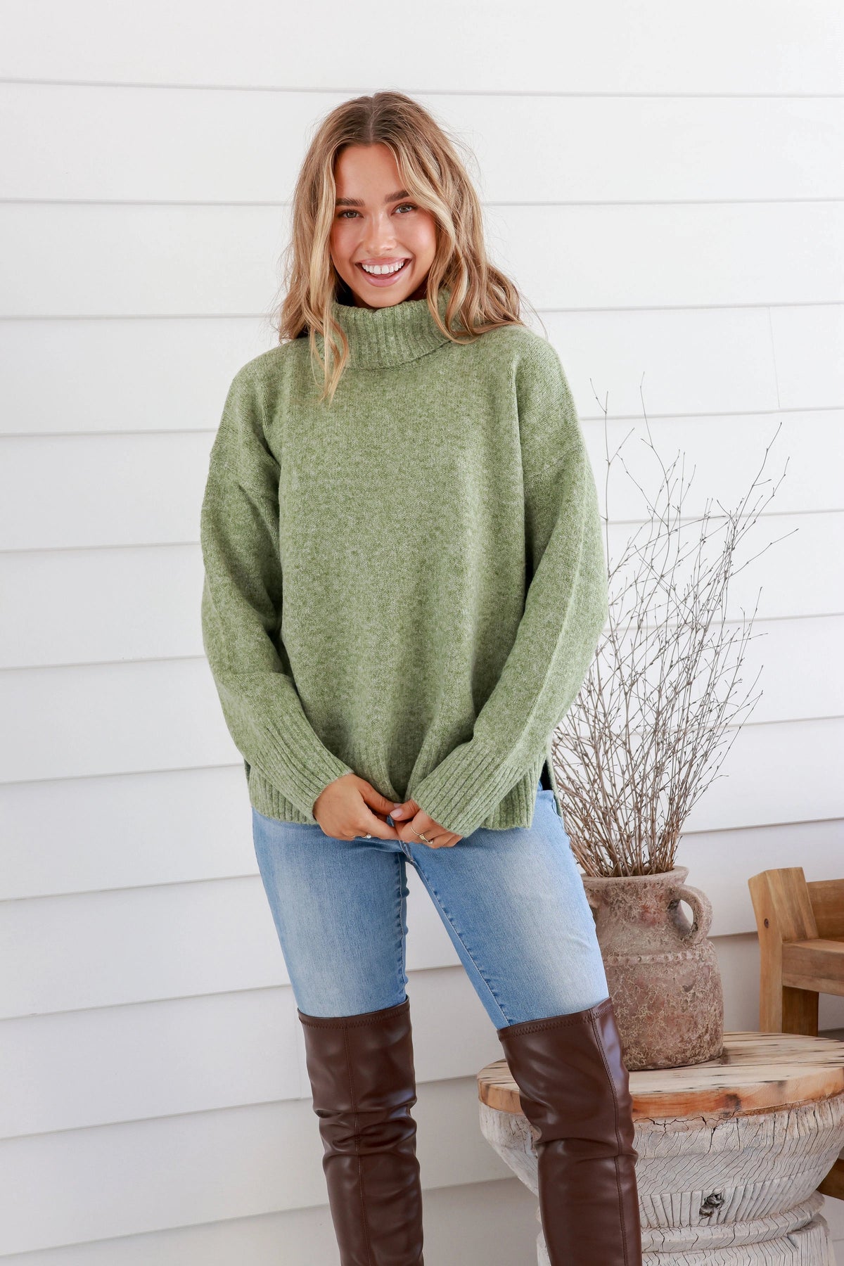 Canyon Roll Neck Knit Jumper Marled Avocado Kenzie Tenzie