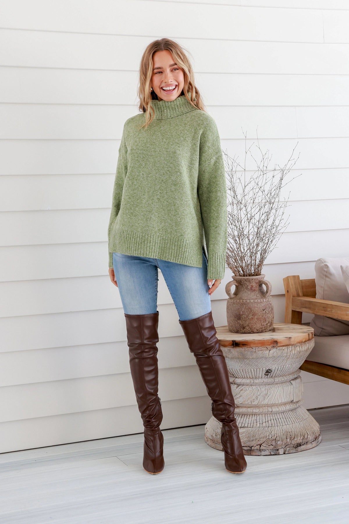 Canyon Roll Neck Knit Jumper Marled Avocado Kenzie Tenzie