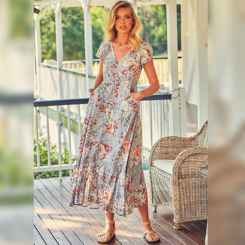 Carmen Maxi Dress Orange Blossom Print Kenzie Tenzie