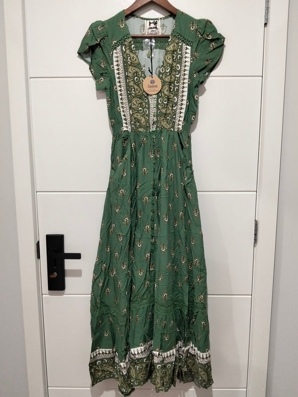 Jaase Carmen Maxi Dress Viridian print – flat lay front full length