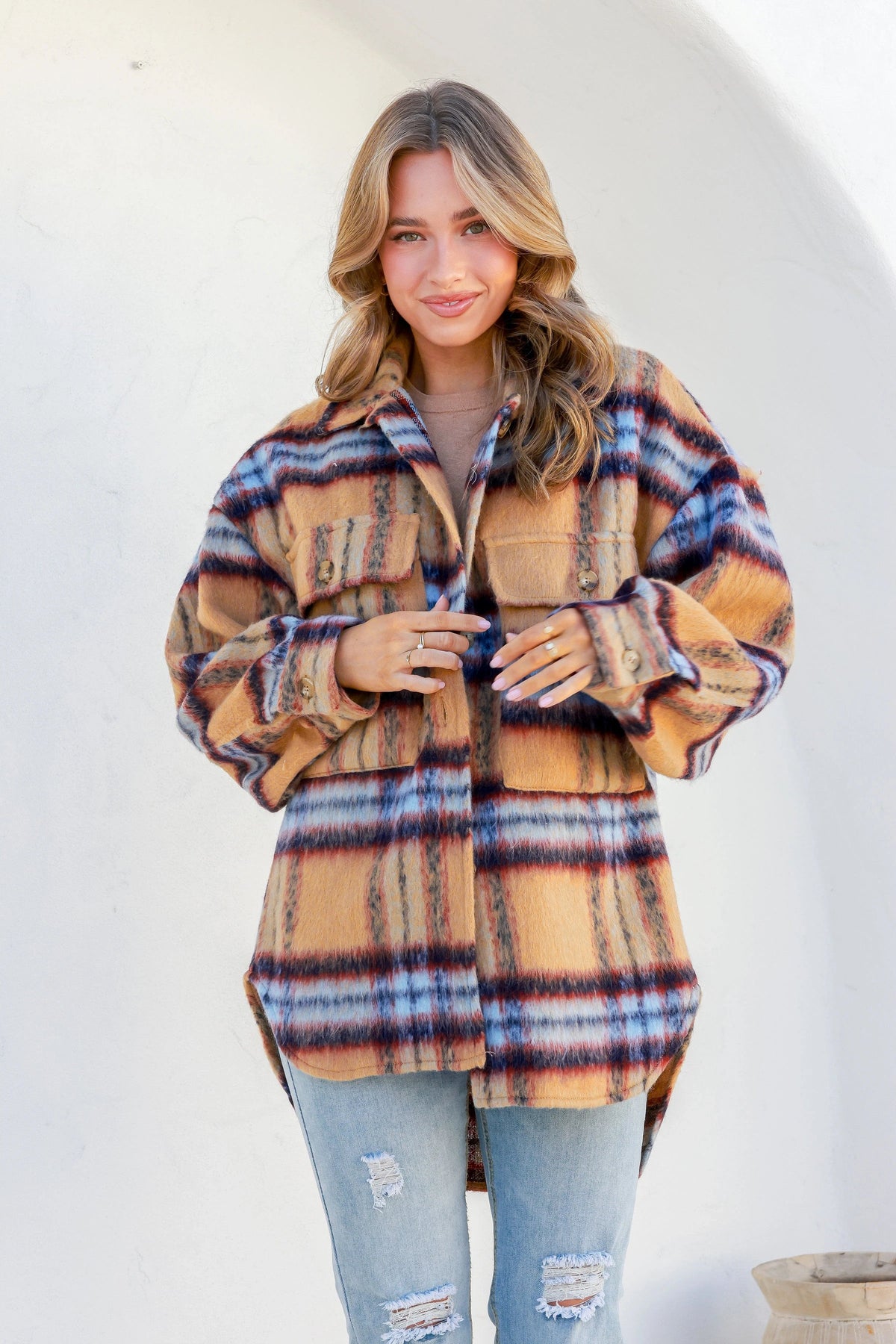 Coco Lux Shacket Caramel check Kenzie Tenzie