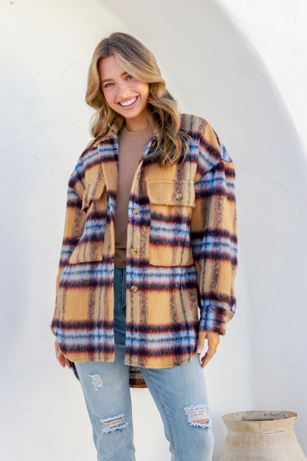 Coco Lux Shacket Caramel check Kenzie Tenzie