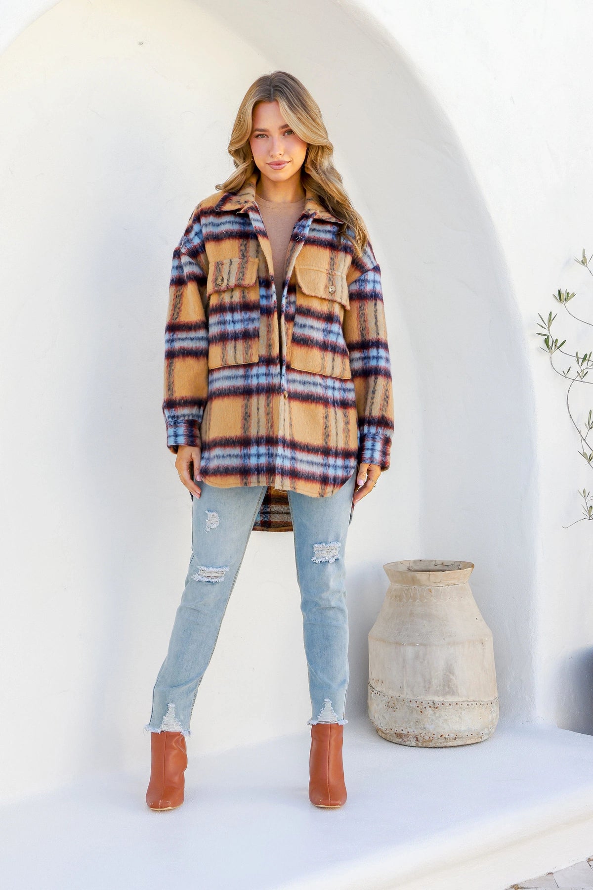 Coco Lux Shacket Caramel check Kenzie Tenzie