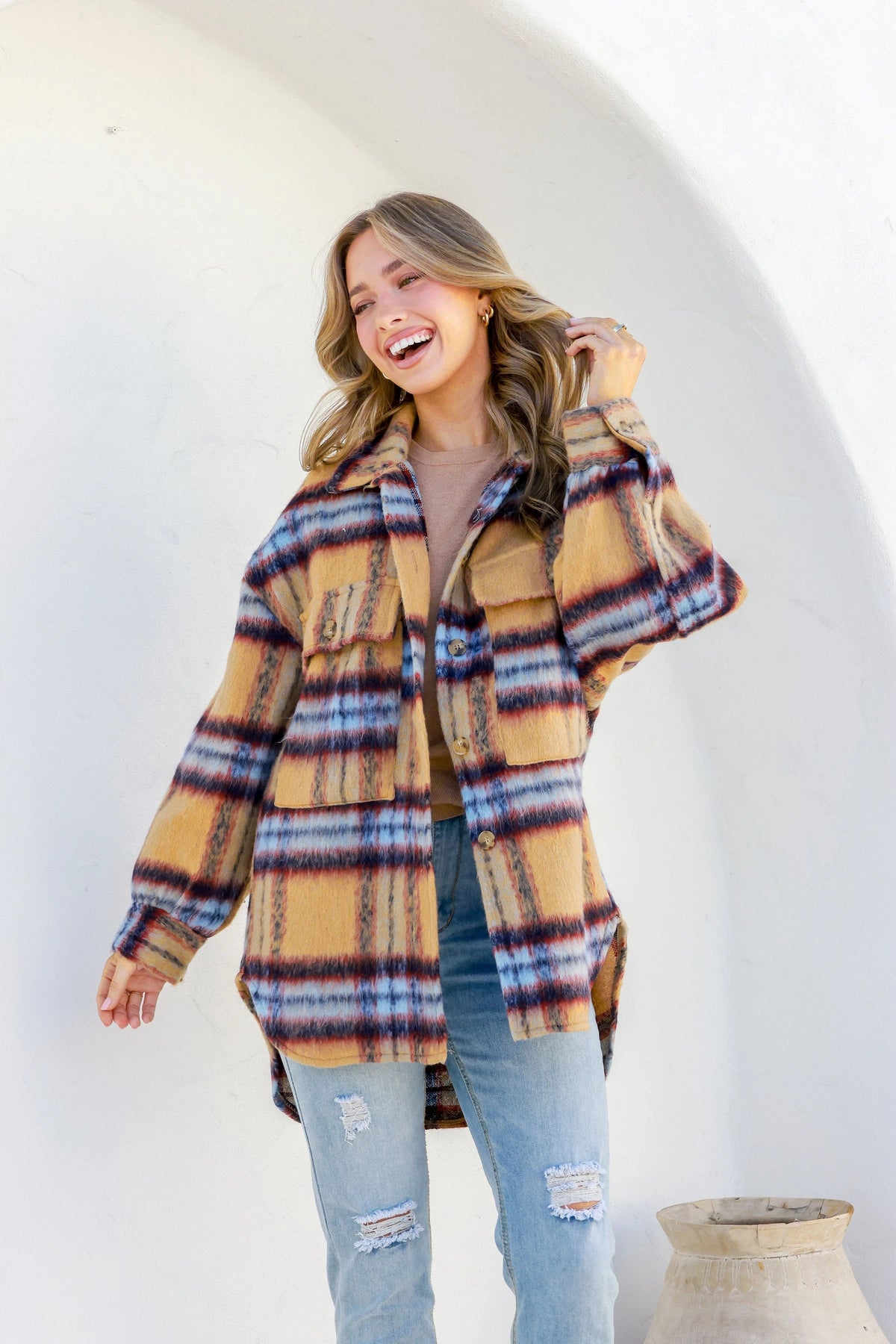 Coco Lux Shacket Caramel check Kenzie Tenzie
