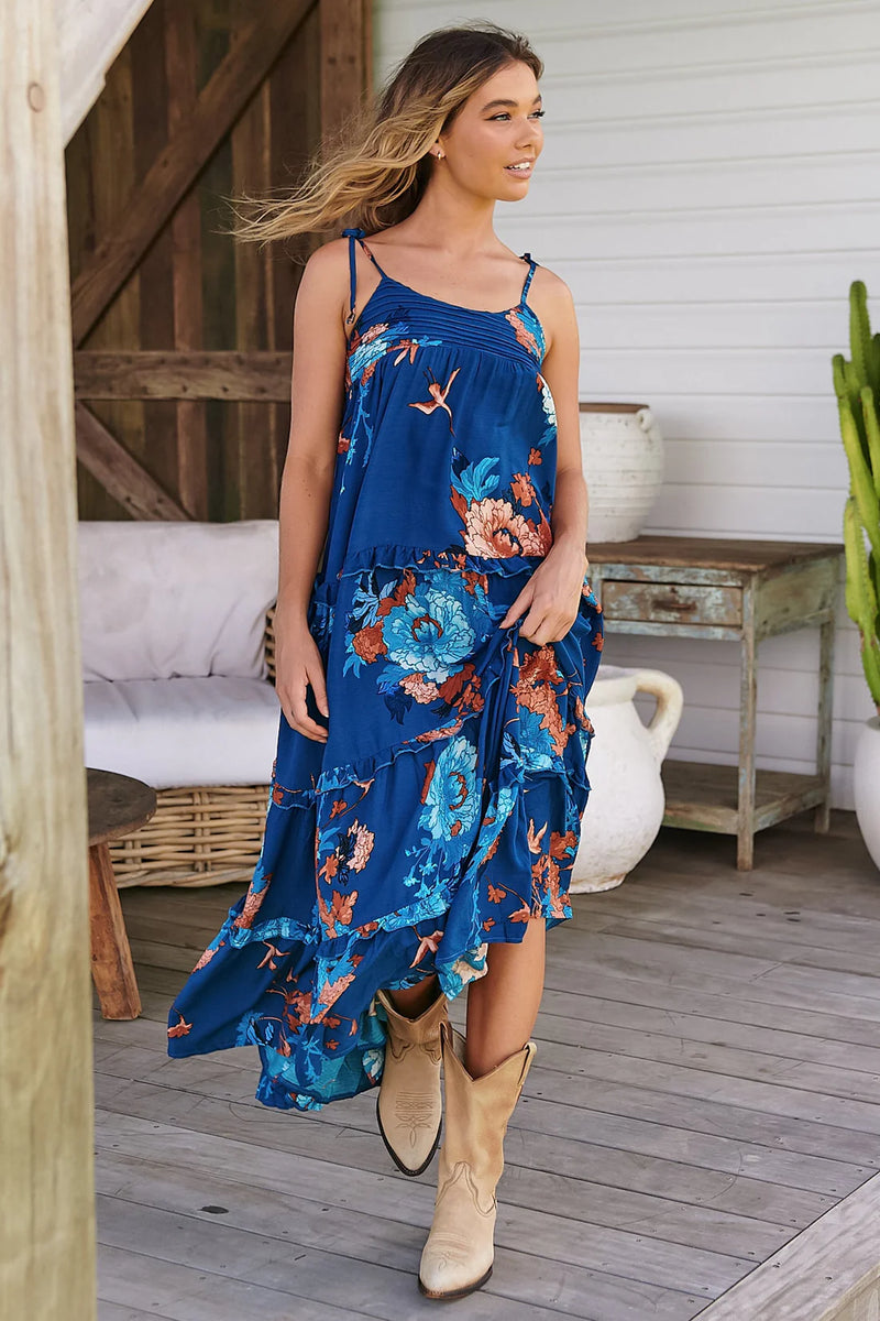 Cognac Maxi Dress Floral Carnival print