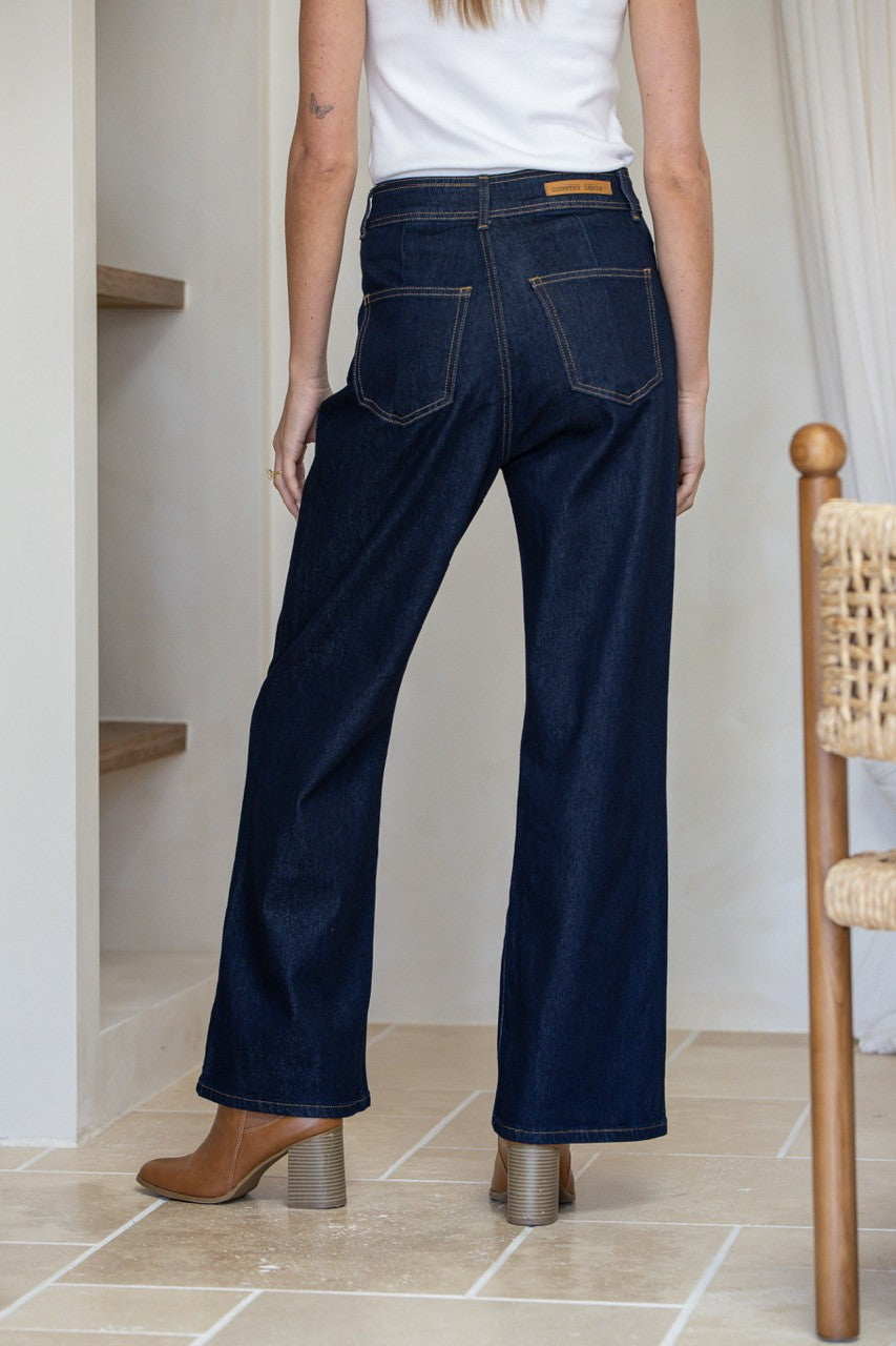J-Lo Wide Leg Crop Jeans indigo – model back shot showing fit and tan stitching detail