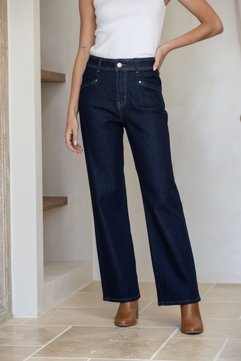 J-Lo Wide Leg Crop Jeans indigo by Country Denim – model shot styled with white tank and brown boots