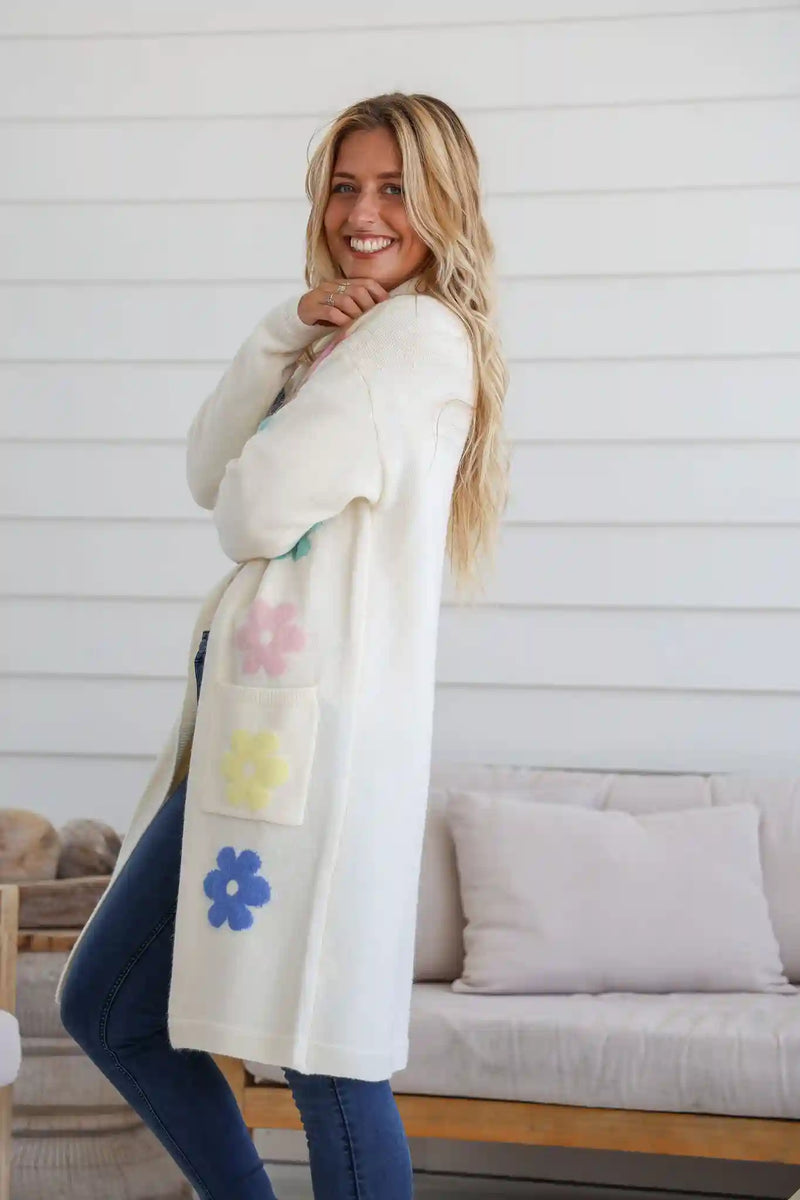 Flower Power Knit Cardigan - Cream