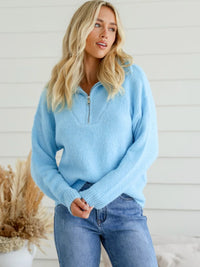 Henderson Zip Neck Knit Jumper Baby Blue