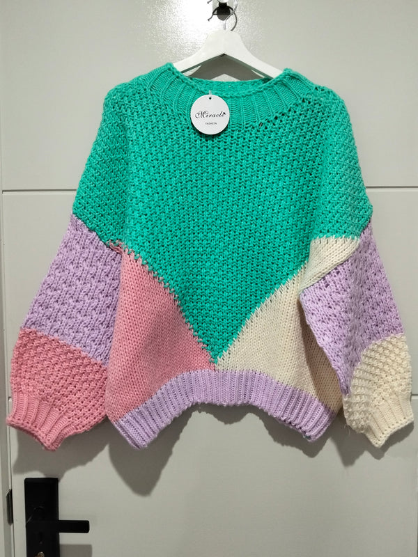 Penelope Colour Block Knit Jumper ~ Green, Lilac, Pink and Cream