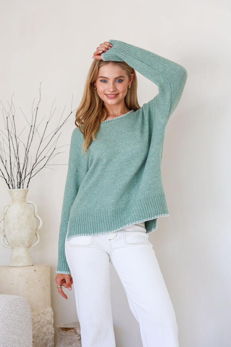Canyon Slouch Blanket Stitch Knit - Sage