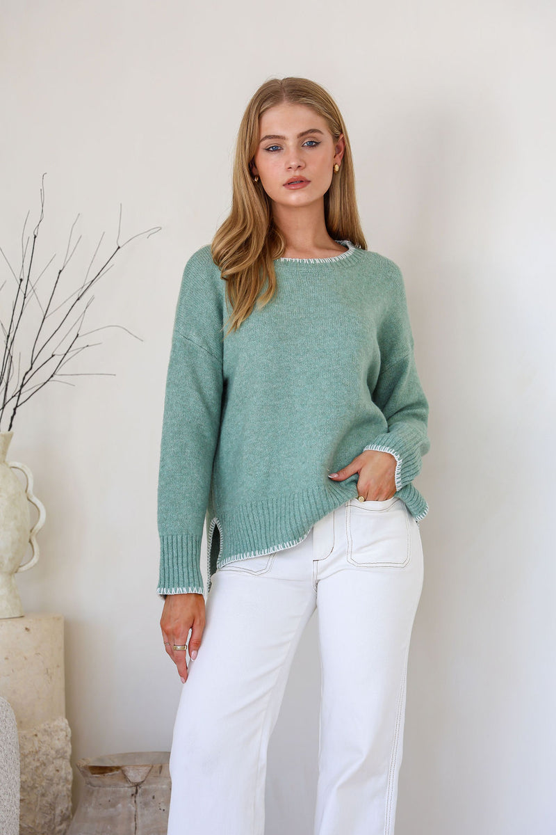 Canyon Slouch Blanket Stitch Knit - Sage