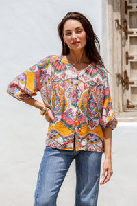 Malta Blouse Top ~ Pink and Mango Paisley print