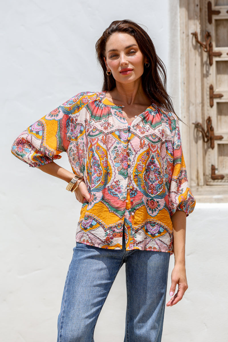 Malta Blouse Top - Pink and Mango Paisley print