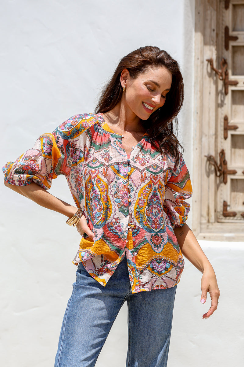 Malta Blouse Top - Pink and Mango Paisley print