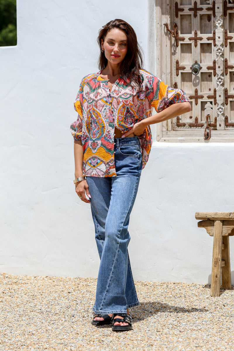 Malta Blouse Top - Pink and Mango Paisley print