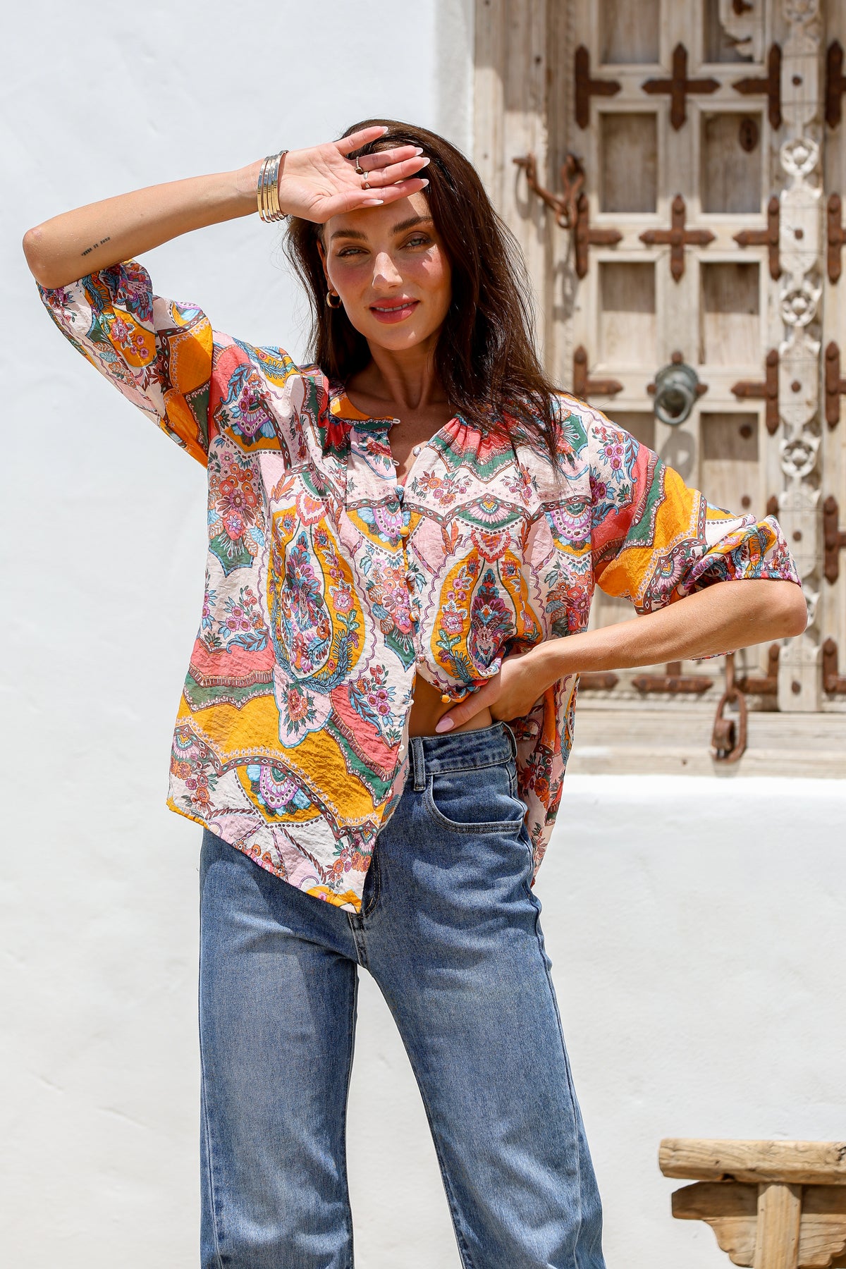 Malta Blouse Top ~ Pink and Mango Paisley print